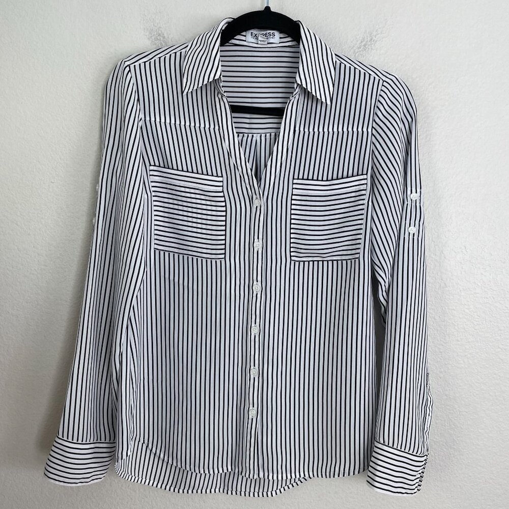 Express Portofino Shirt‎ Womens XS Slim Fit Black White Striped Button Up Blouse